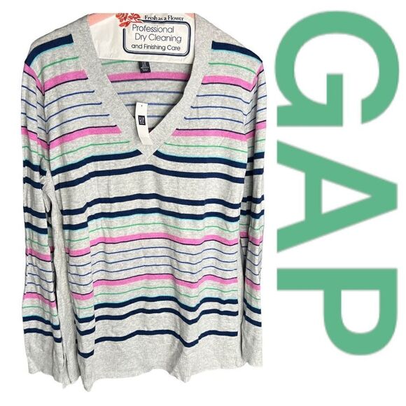 Gap Women's Multi Striped V Neck Pullover Sweater Light Gray Heather Size XL NWT - Picture 1 of 9